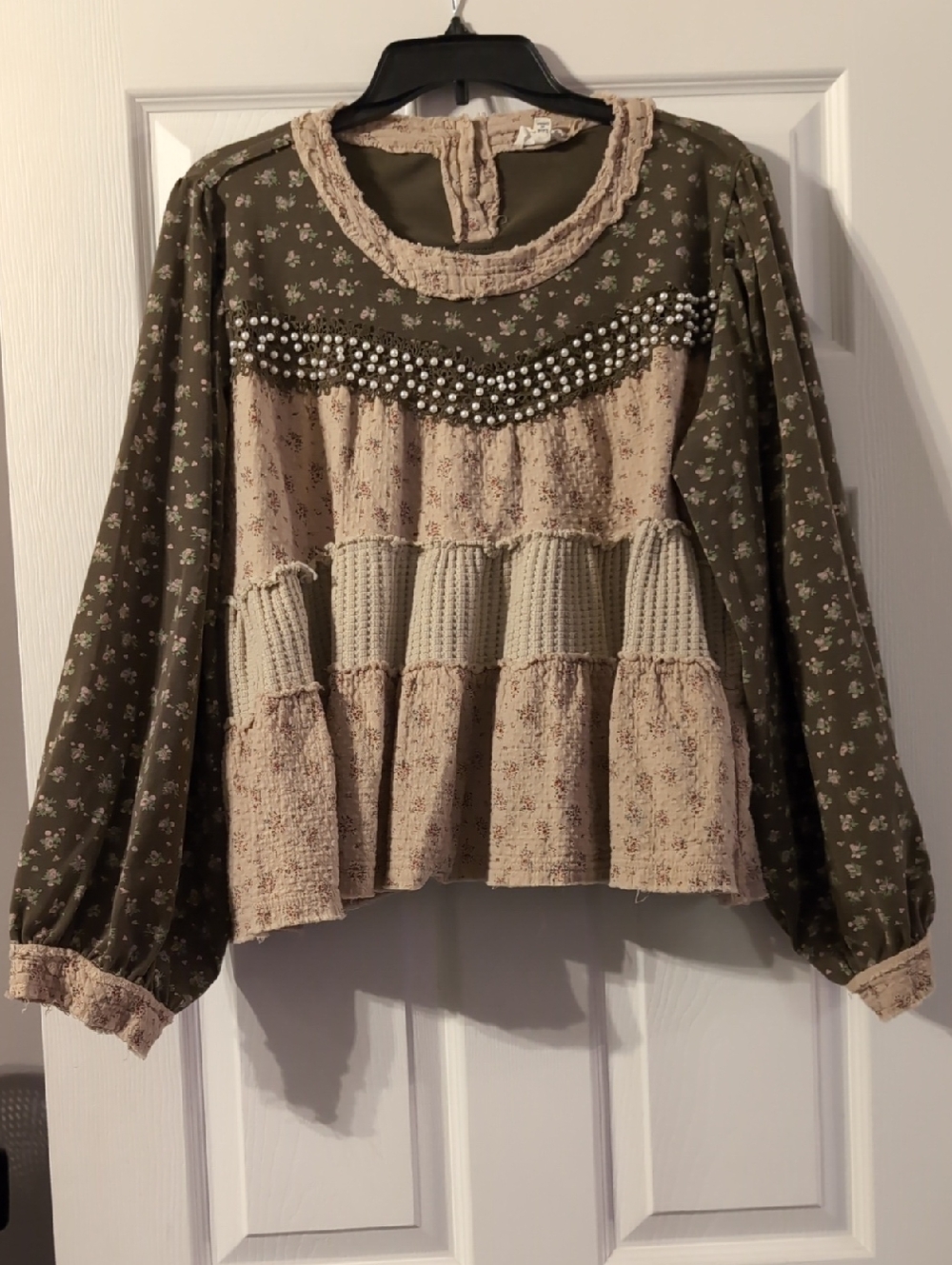 POL Olive and Cream Boho Patchwork Pearl-Trim Blouse